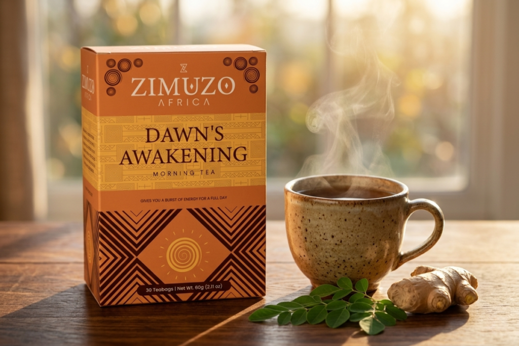 What Does Caffeine-Free Energy Actually Mean? The Science Behind Dawn's Awakening Dawn's Awakening morning tea by Zimuzo Africa beside a ceramic cup of brewed tea, moringa leaves, and ginger on a wooden surface.