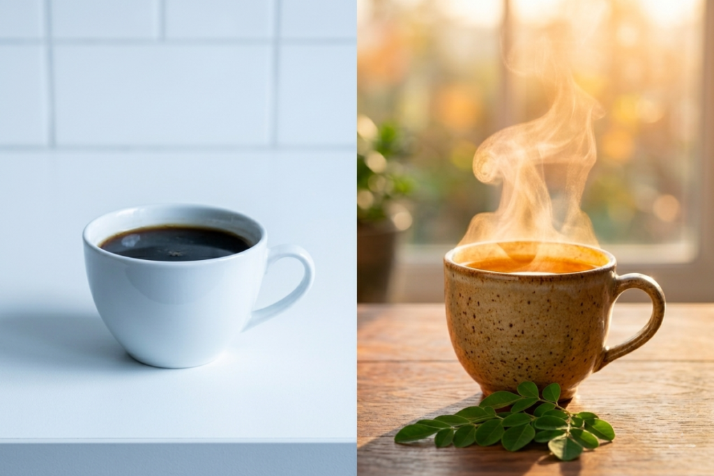 What Does Caffeine-Free Energy Actually Mean? The Science Behind Dawn's Awakening Comparison of a standard coffee cup and a Zimuzo Africa Dawn's Awakening morning tea, representing the difference between caffeine dependency and plant-powered energy.