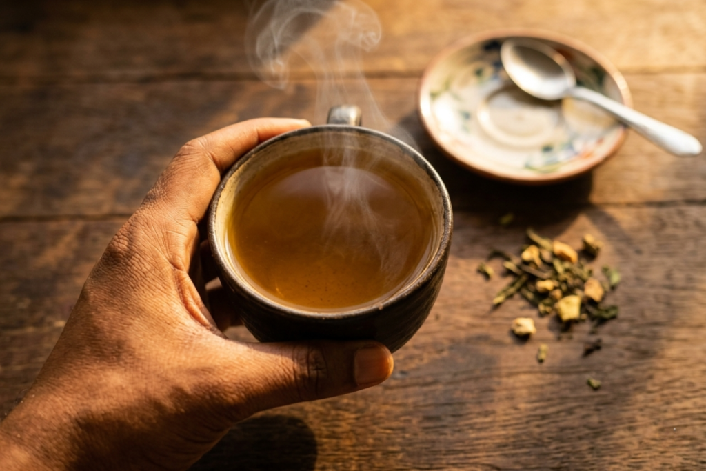 What Does Caffeine-Free Energy Actually Mean? The Science Behind Dawn's Awakening A hand holding a ceramic cup of brewed Dawn's Awakening caffeine-free morning tea by Zimuzo Africa