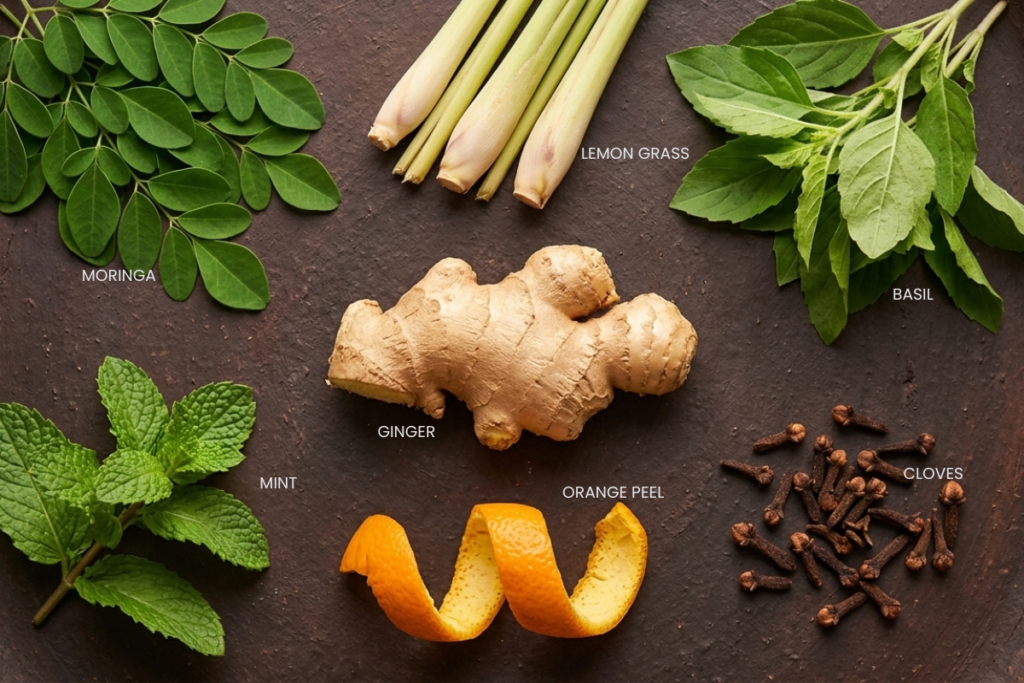 What Does Caffeine-Free Energy Actually Mean? The Science Behind Dawn's Awakening The seven ingredients of Dawn's Awakening caffeine-free morning tea by Zimuzo Africa: moringa, lemongrass, African Basil, ginger, orange peel, clove, and mint.