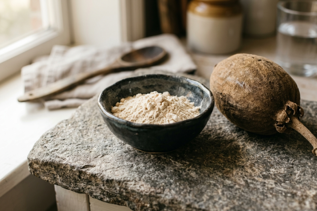 The Herbs Your Grandmother Knew: An Ode to Nigeria's Healing Plants Baobab powder in a dark ceramic bowl beside a whole baobab fruit, a nutrient-rich Nigerian healing herb in Zimuzo Africa beauty and menstrual teas