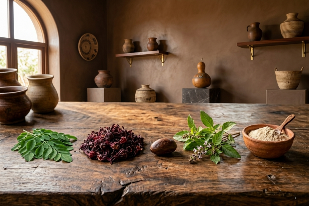The Herbs Your Grandmother Knew: An Ode to Nigeria's Healing Plants Five Nigerian healing herbs including moringa, hibiscus, bitter kola, African Basil, and baobab arranged on a wooden surface