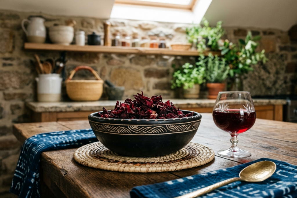 The Herbs Your Grandmother Knew: An Ode to Nigeria's Healing Plants Dried hibiscus flowers in a clay bowl beside a glass of hibiscus tea, a key Nigerian healing herb in Zimuzo Africa Celestial Glow beauty tea.