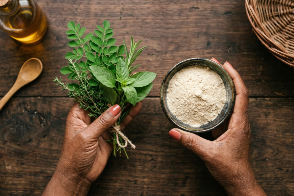 The Herbs Your Grandmother Knew: An Ode to Nigeria's Healing Plants Hands holding Nigerian healing herbs including moringa and African Basil, representing the generational knowledge preserved by Zimuzo Africa.