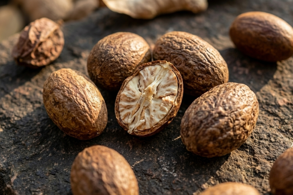 The Herbs Your Grandmother Knew: An Ode to Nigeria's Healing Plants Bitter kola nuts on dark stone, a West African healing plant and key ingredient in Zimuzo Africa Sango's Potion pre-workout tea.