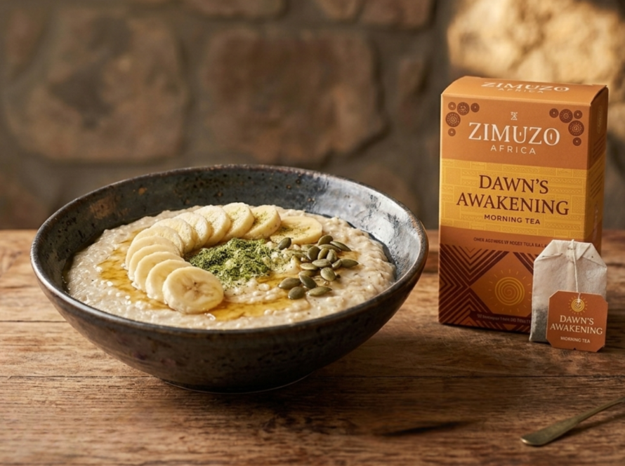 Moringa porridge recipe brewed with Zimuzo Africa Dawn's Awakening morning tea, served in a clay bowl with banana and honey.