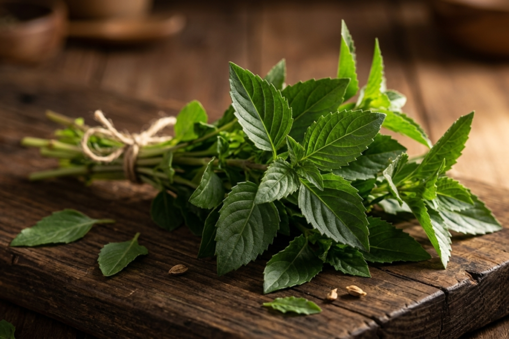 The Herbs Your Grandmother Knew: An Ode to Nigeria's Healing Plants African Basil, resting on a dark wooden surface, a key Nigerian healing herb used in Zimuzo Africa teas.