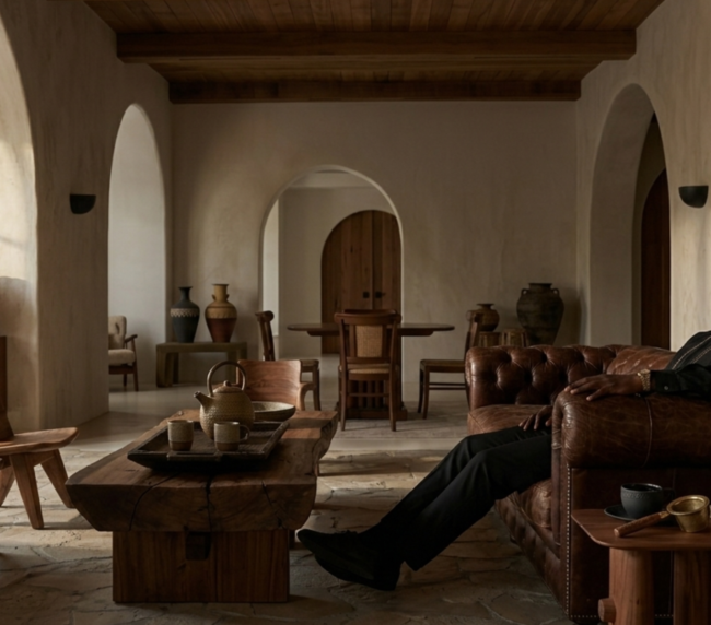 A ceramic cup of Zimuzo Africa Afternoon Tea on a low wooden table in a warm, light-filled interior, representing the African wellness philosophy of intentional rest.
