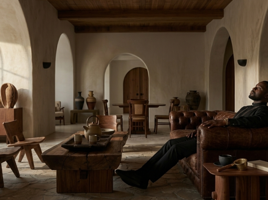A ceramic cup of Zimuzo Africa Afternoon Tea on a low wooden table in a warm, light-filled interior, representing the African wellness philosophy of intentional rest.